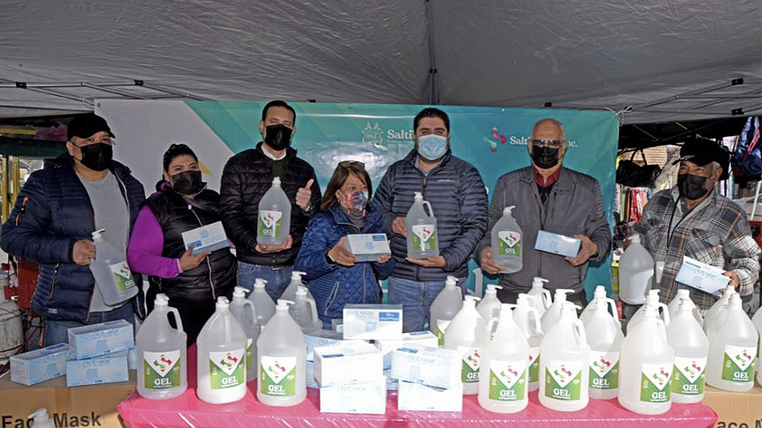 Entrega municipio de Saltillo gel anti bacterial y cubre bocas en marcados