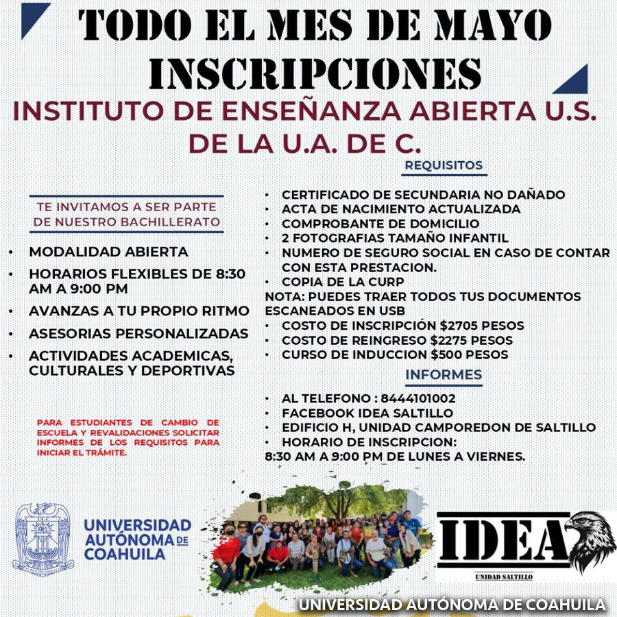 Durante Mayo Inscríbete al IDEA Saltillo de la UAdeC