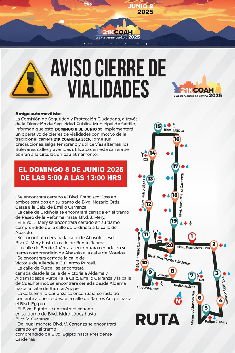 Cierres Viales por 21K Coahuila el 8 de Junio en Saltillo
