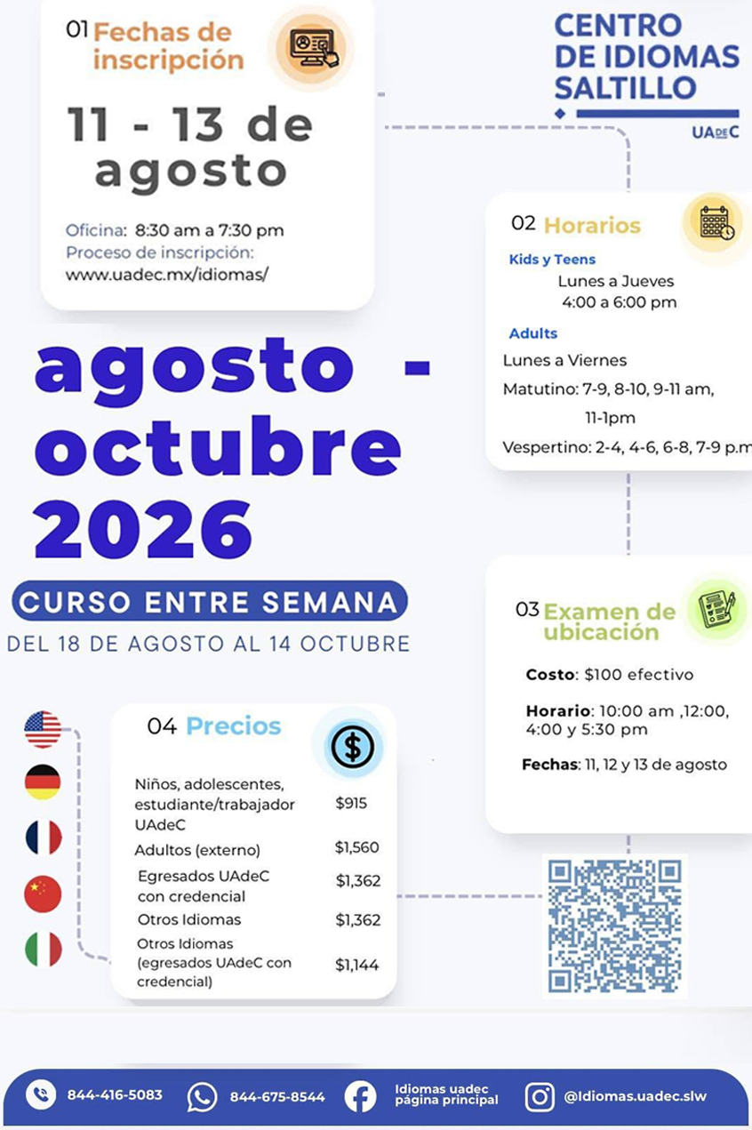 Del 11 al 13 de Agosto Inscripciones Abiertas para Cursos del Centro de Idiomas Saltillo de la UAdeC